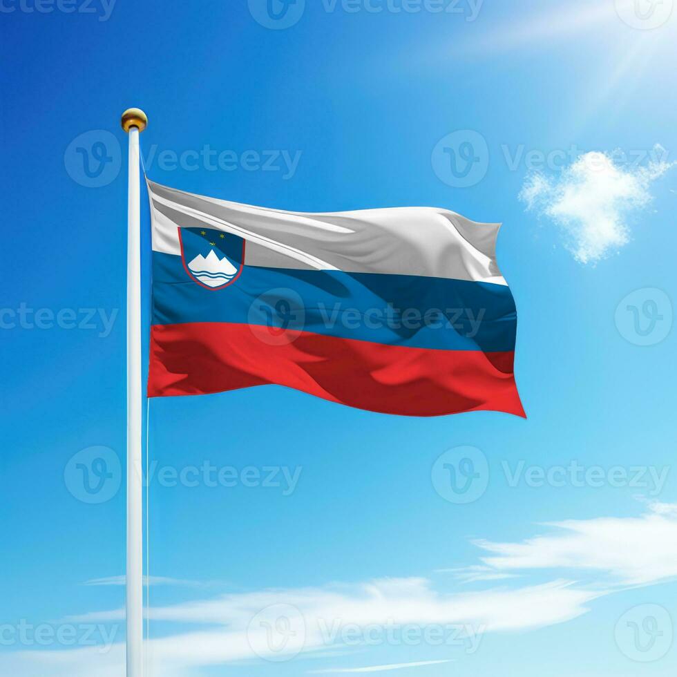 Waving flag of Slovenia on flagpole with sky background. photo