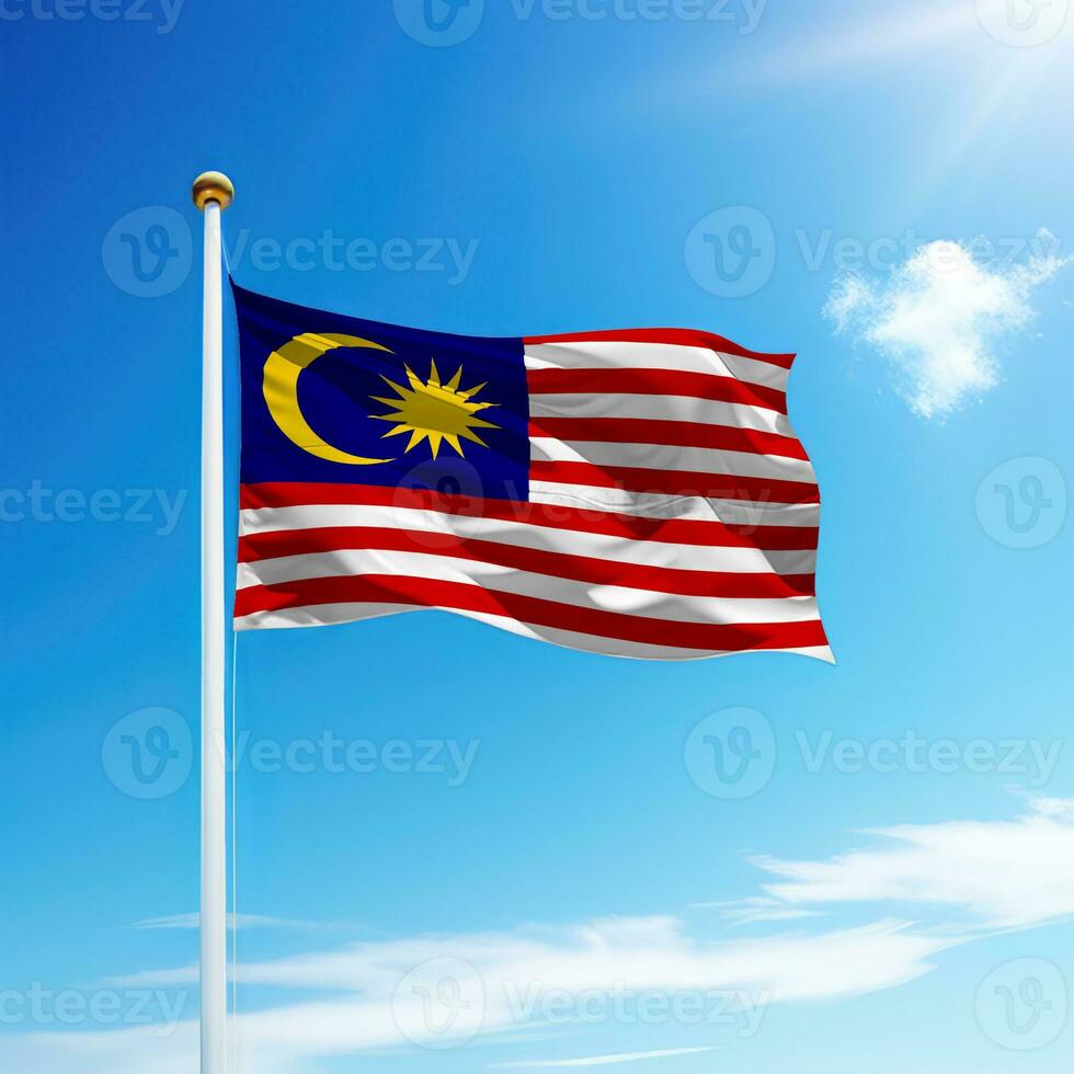 Waving flag of Malaysia on flagpole with sky background. photo