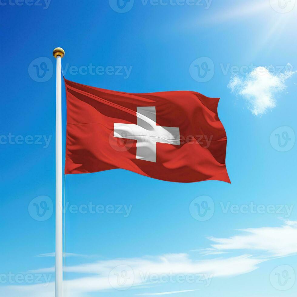 Waving flag of on flagpole with sky background. photo