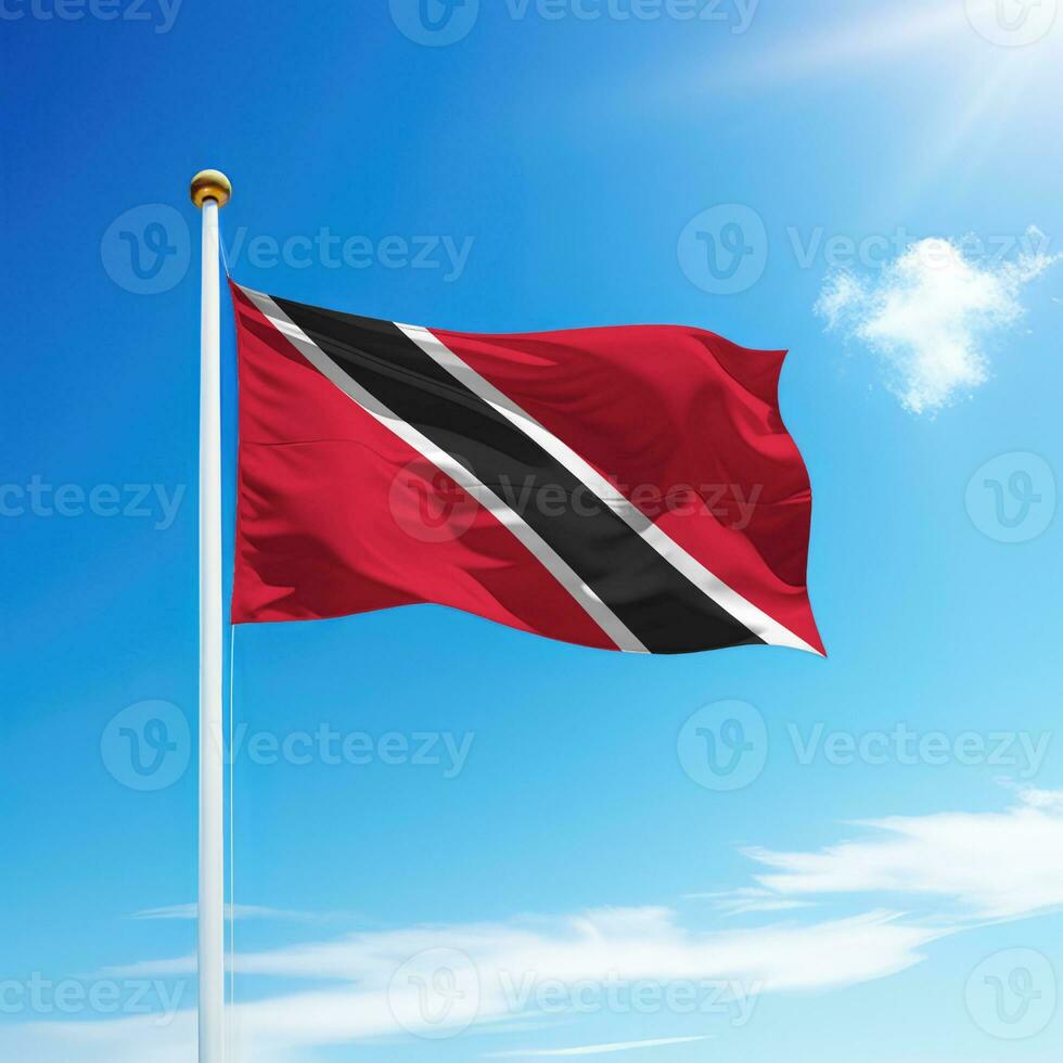 Waving flag of Trinidad and Tobago on flagpole with sky background. photo