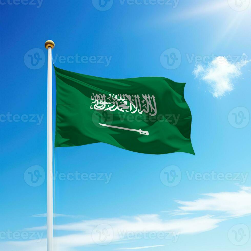 Waving flag of Saudi Arabia on flagpole with sky background. photo