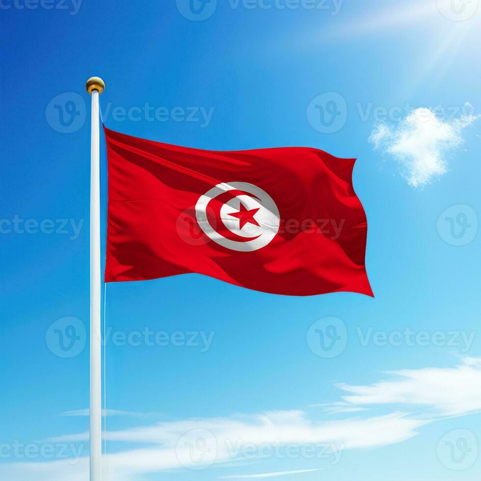 Waving flag of Tunisia on flagpole with sky background. photo