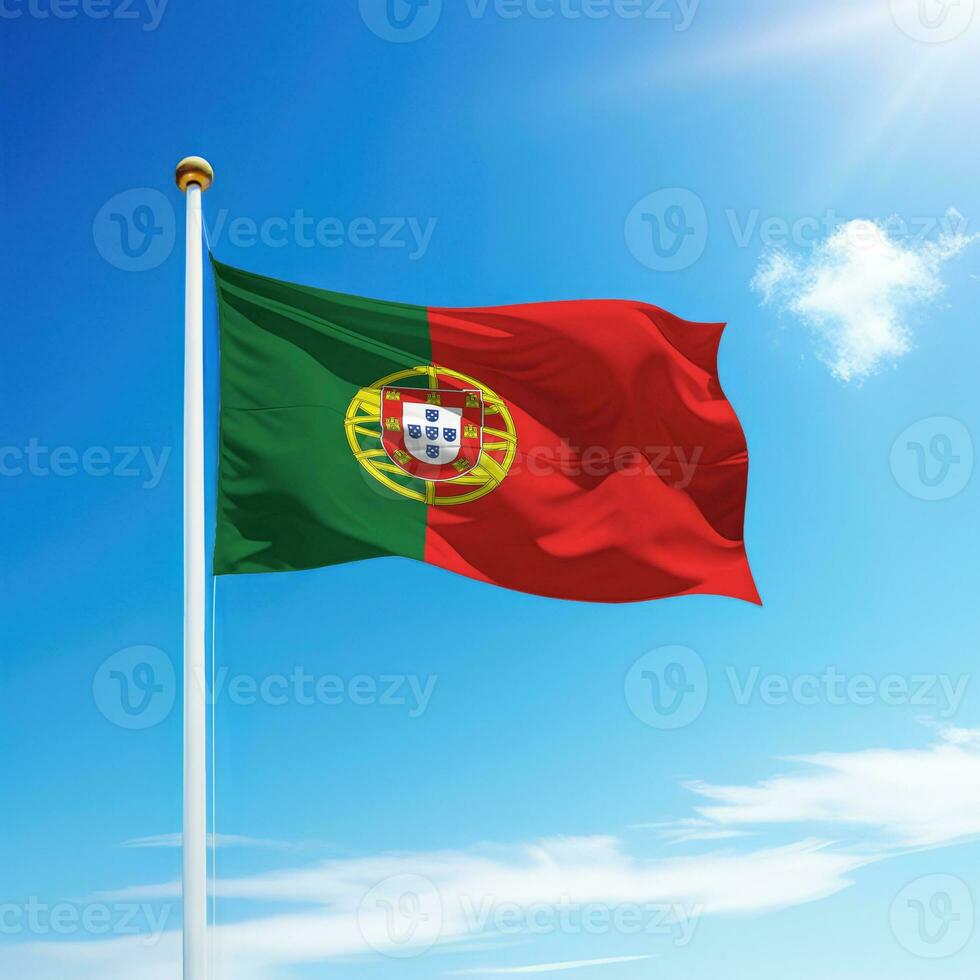 Waving flag of Portugal on flagpole with sky background. photo