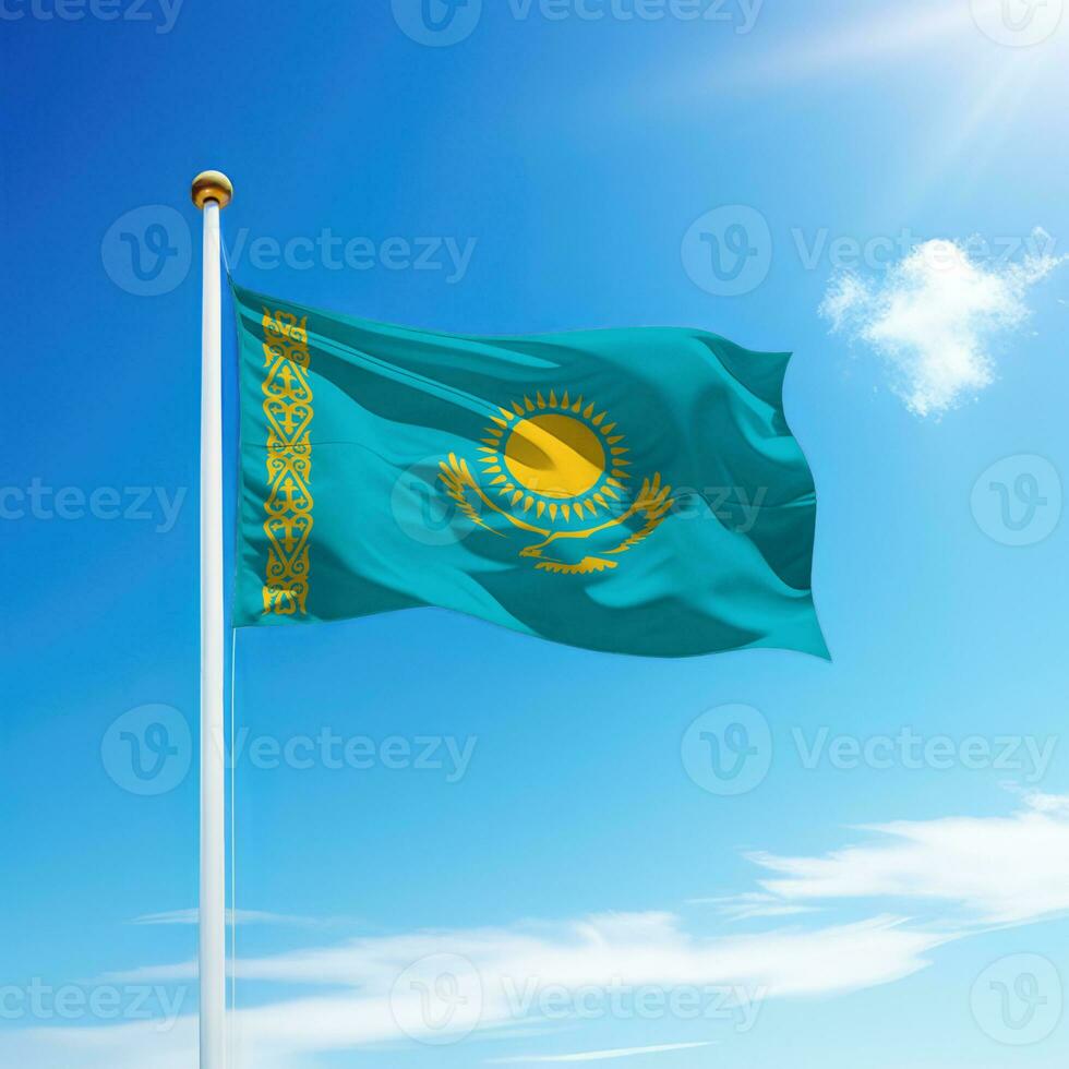 Waving flag of Kazakhstan on flagpole with sky background. photo