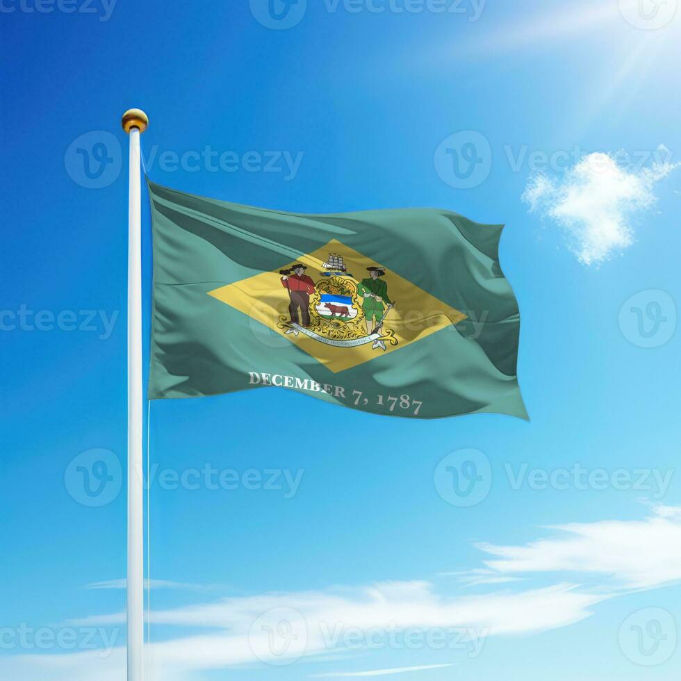 Waving flag of Delaware is a state of United States on flagpole photo