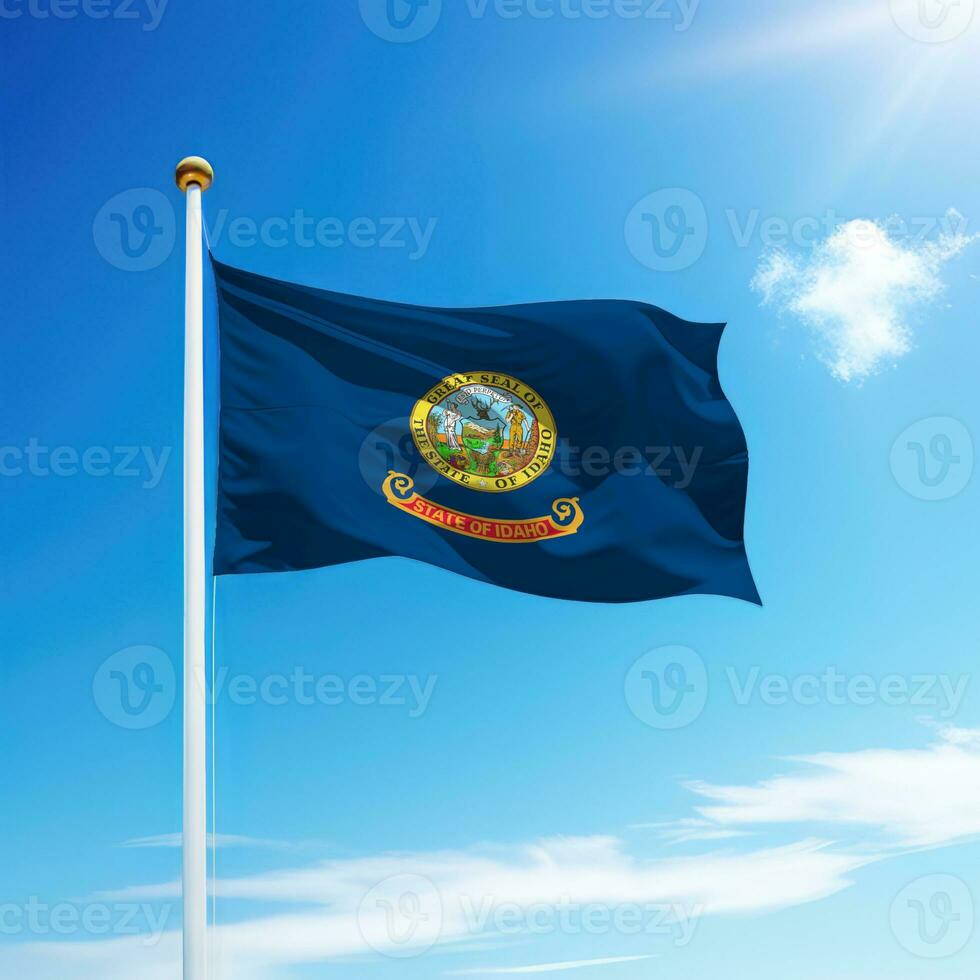 Waving flag of Idaho is a state of United States on flagpole photo