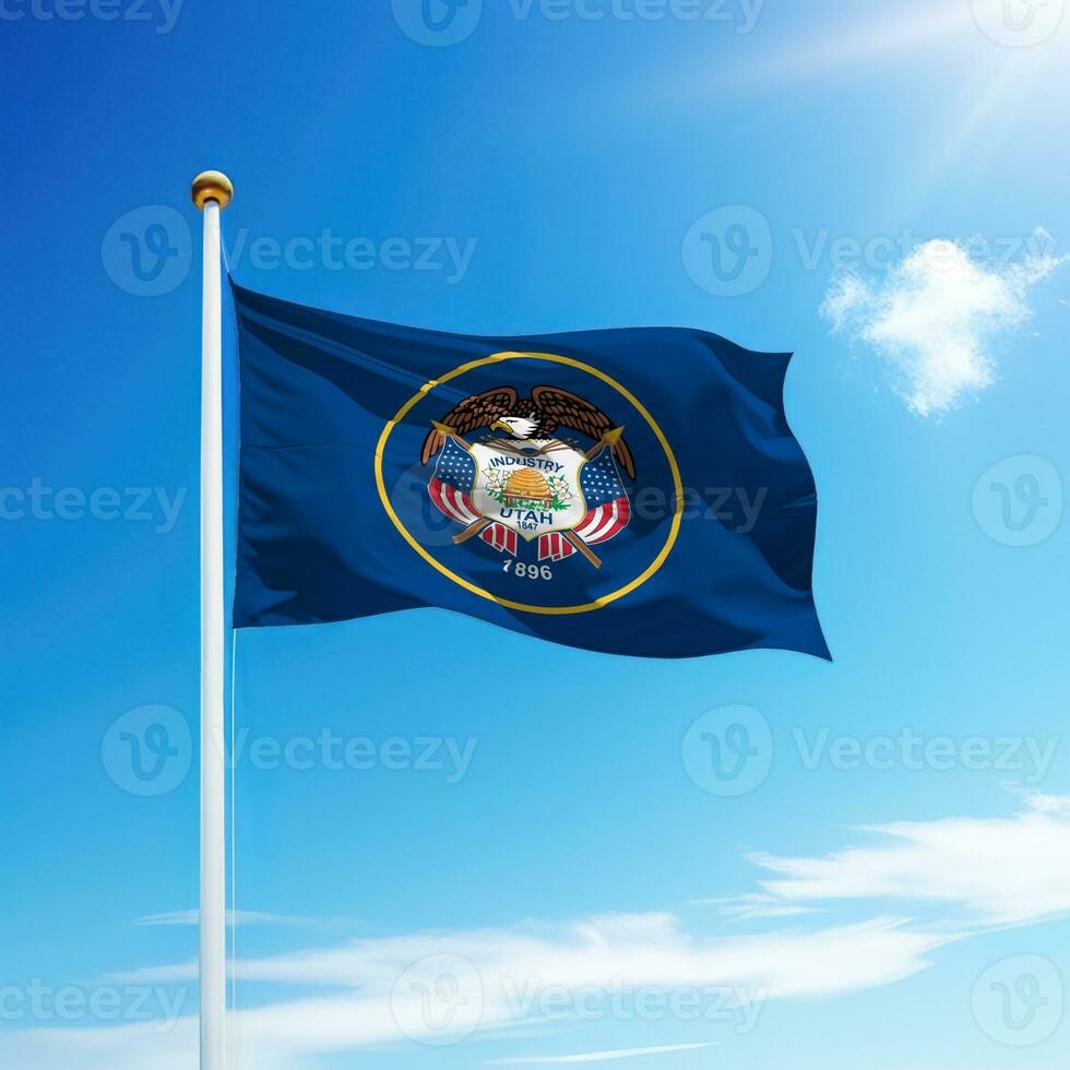 Waving flag of Utah is a state of United States on flagpole photo
