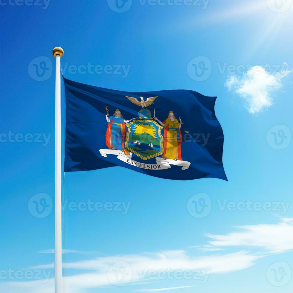 Waving flag of New York is a state of United States on flagpole photo