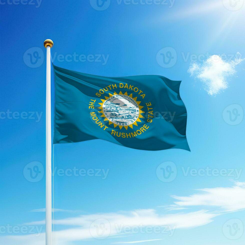 Waving flag of South Dakota is a state of United States on flagpole photo