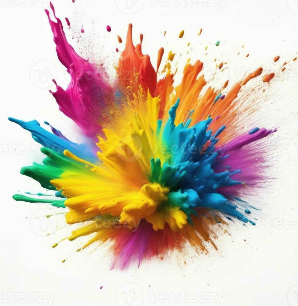 Colored powder explosion on a white background. Colorful explode. Paint holi AI Generated photo