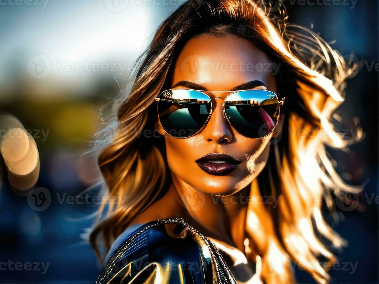 Lovely woman. Outdoor shot of glamorous happy girl in sunglasses. AI Generated photo