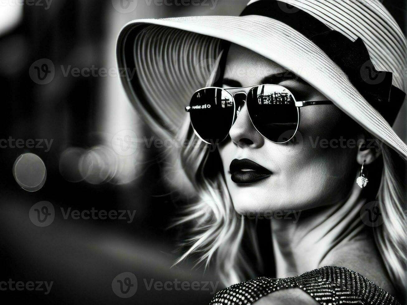 Lovely woman. Outdoor shot of glamorous happy girl in sunglasses. AI Generated photo