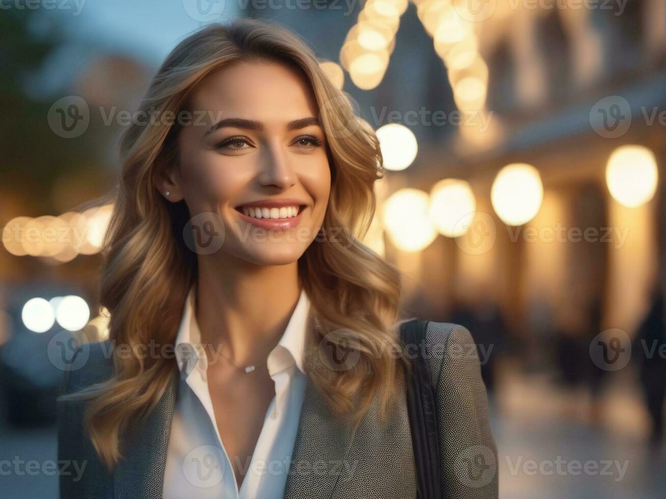 Young happy smiling business woman, standing outdoor on street AI Generated photo