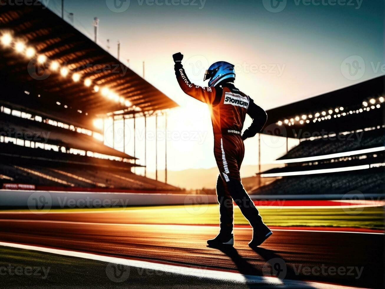 carrera coche conductor celebrando el ganar en un carrera en contra brillante estadio luces ai generado foto