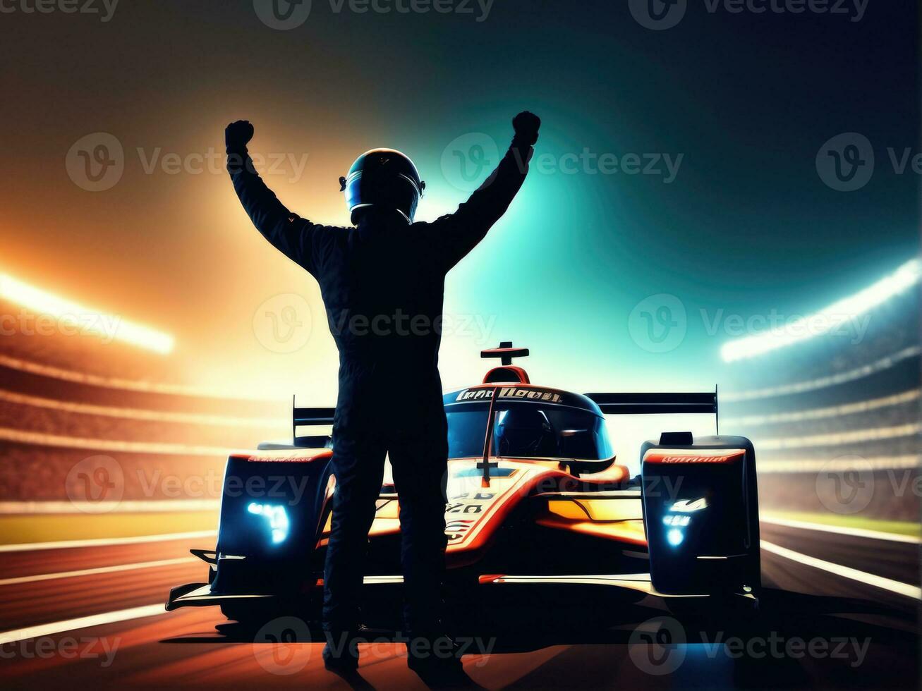 carrera coche conductor celebrando el ganar en un carrera en contra brillante estadio luces ai generado foto