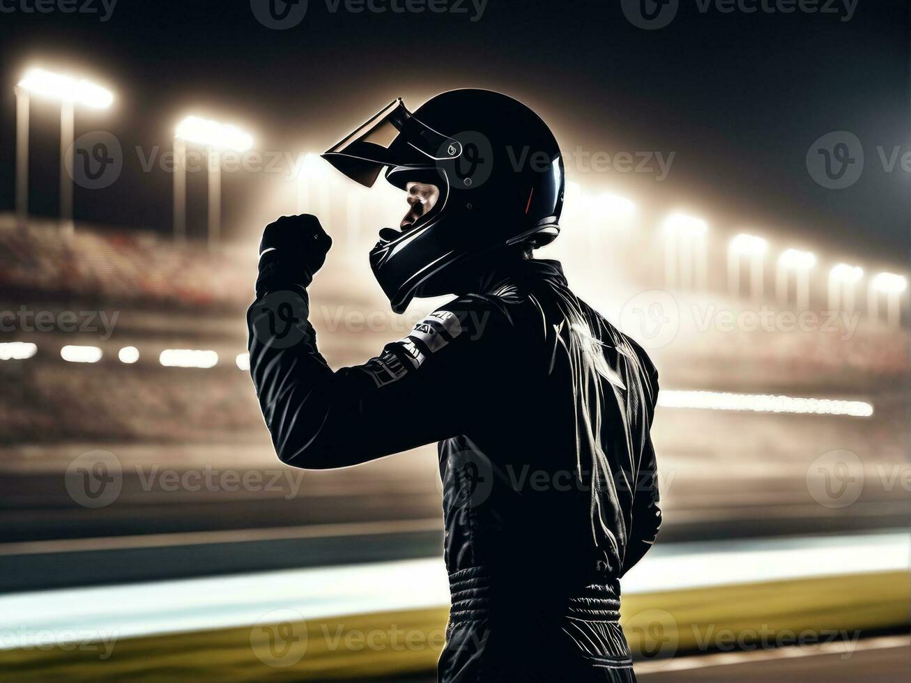 race car driver celebrating the win in a race against bright stadium lights AI Generated photo