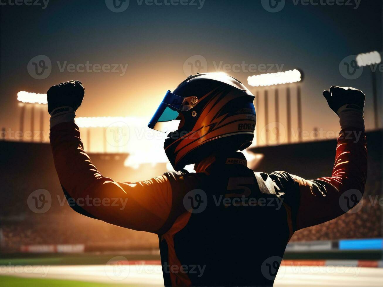 carrera coche conductor celebrando el ganar en un carrera en contra brillante estadio luces ai generado foto