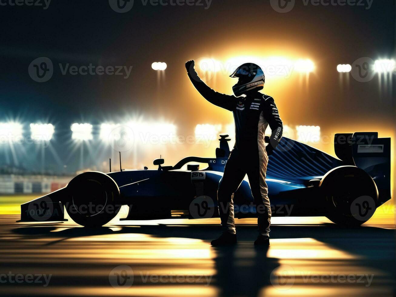 race car driver celebrating the win in a race against bright stadium lights AI Generated photo