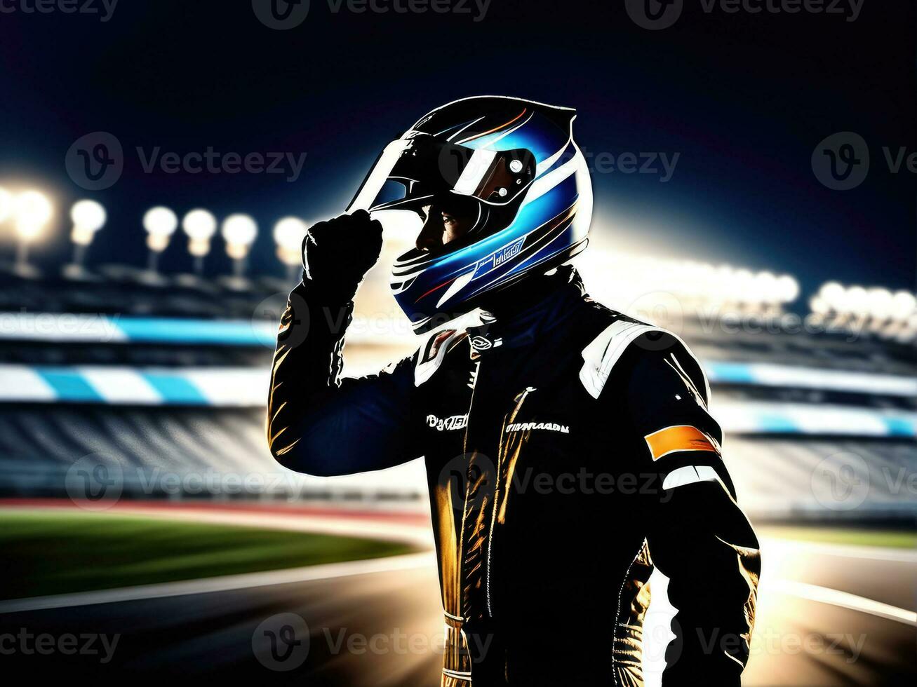 race car driver celebrating the win in a race against bright stadium lights AI Generated photo