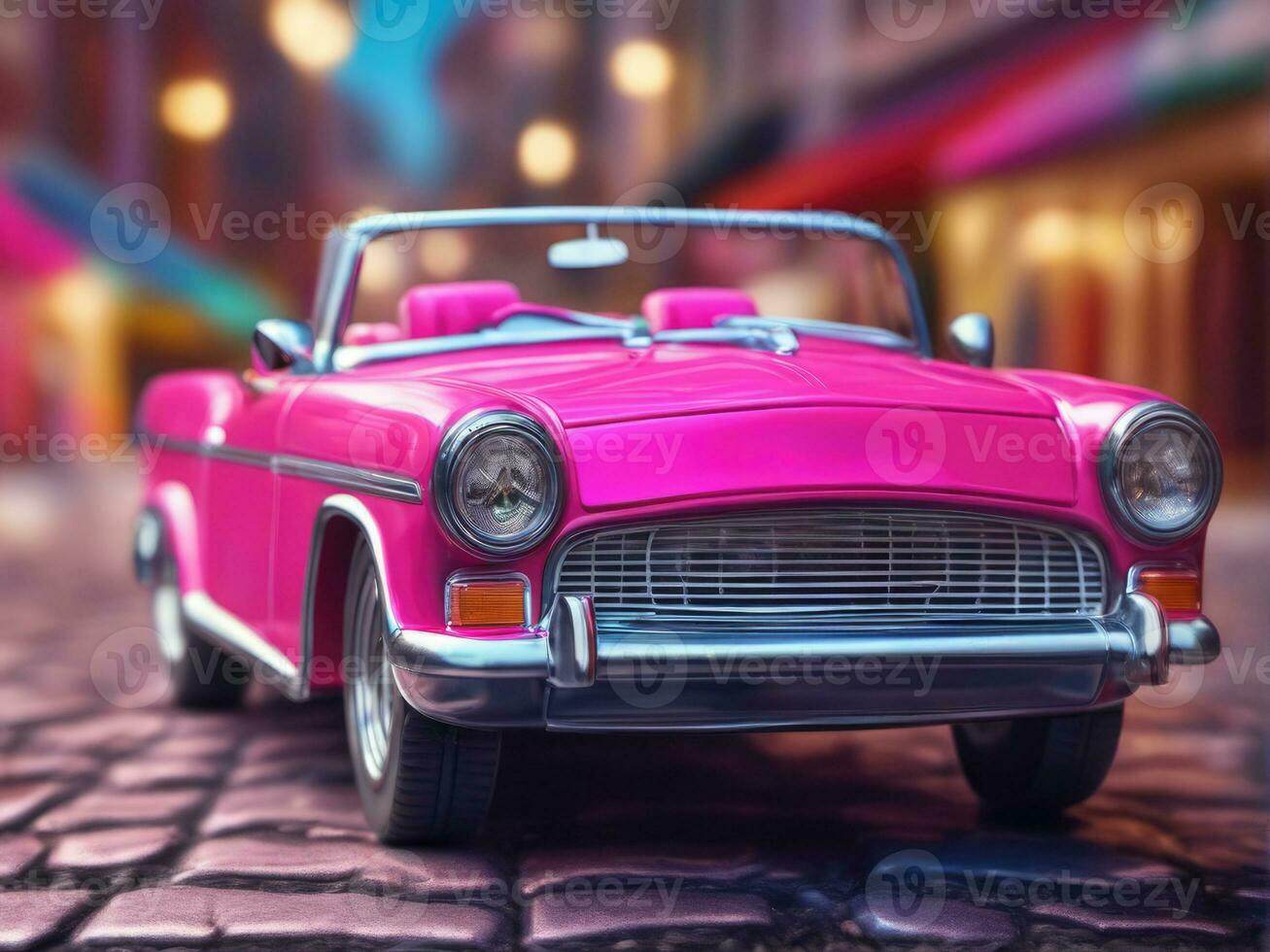 Pink retro car on vintage street background, Pink retro cabriolet car on vintage street background photo