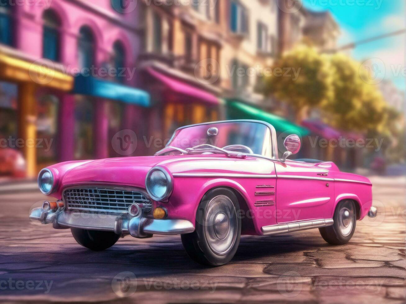 Pink retro car on vintage street background, Pink retro cabriolet car on vintage street background photo