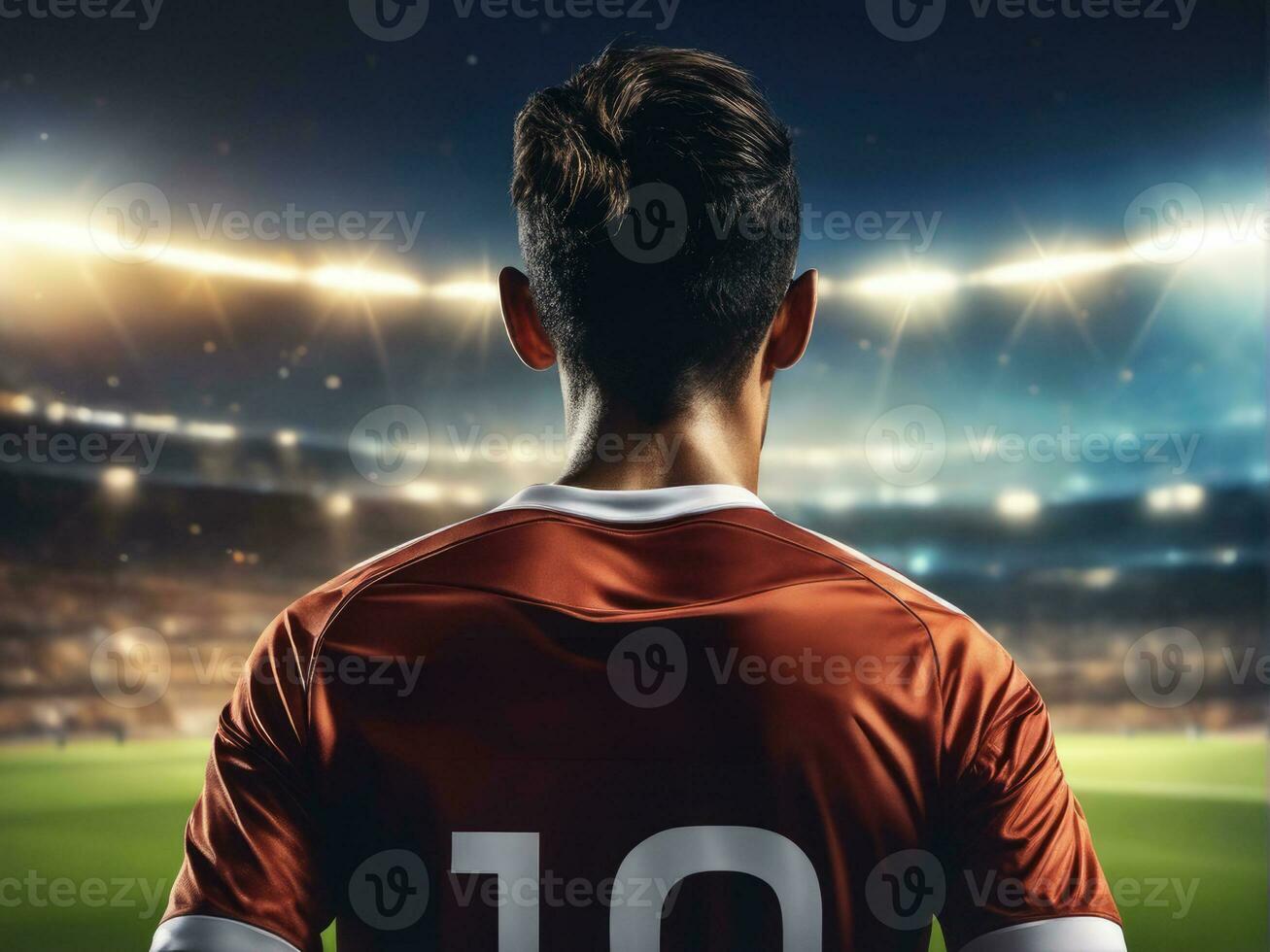 Soccer player wearing in uniform on backdrop stadium. AI Generated photo