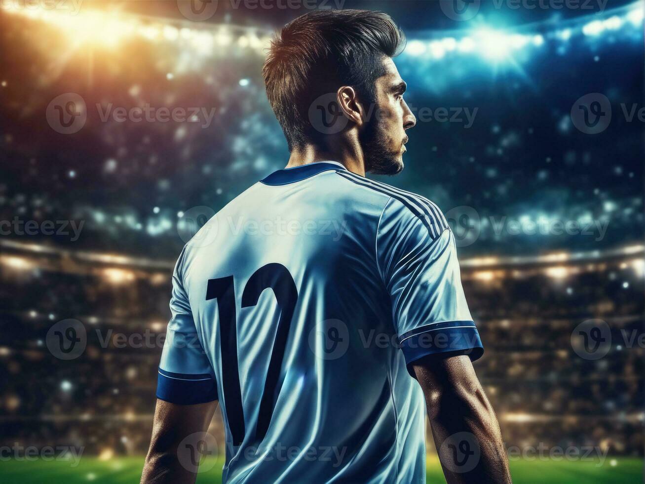 Soccer player wearing in uniform on backdrop stadium. AI Generated photo