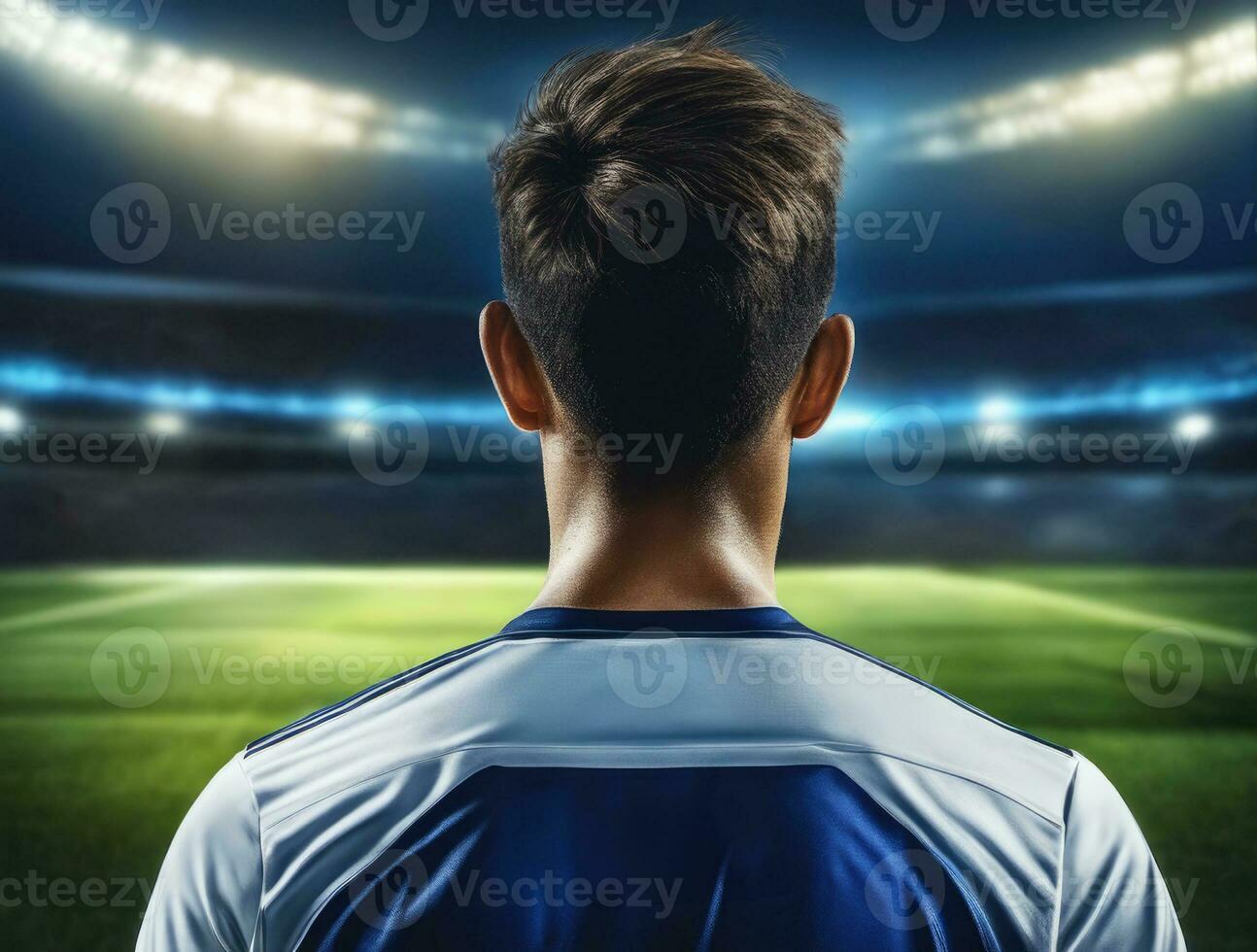 Soccer player wearing in uniform on backdrop stadium. AI Generated photo