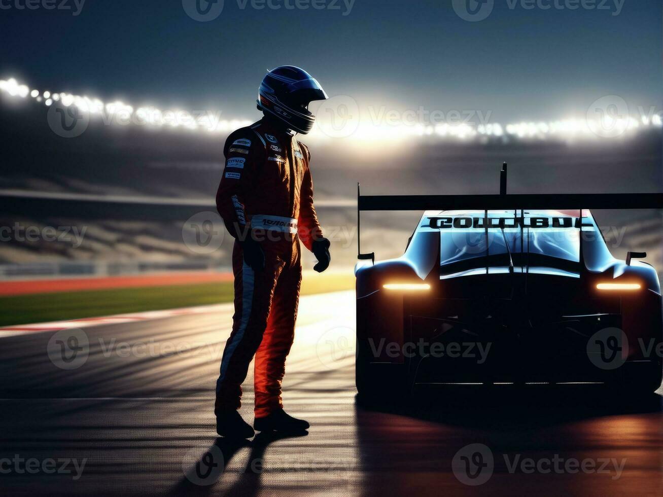 race car driver celebrating the win in a race against bright stadium lights AI Generated photo