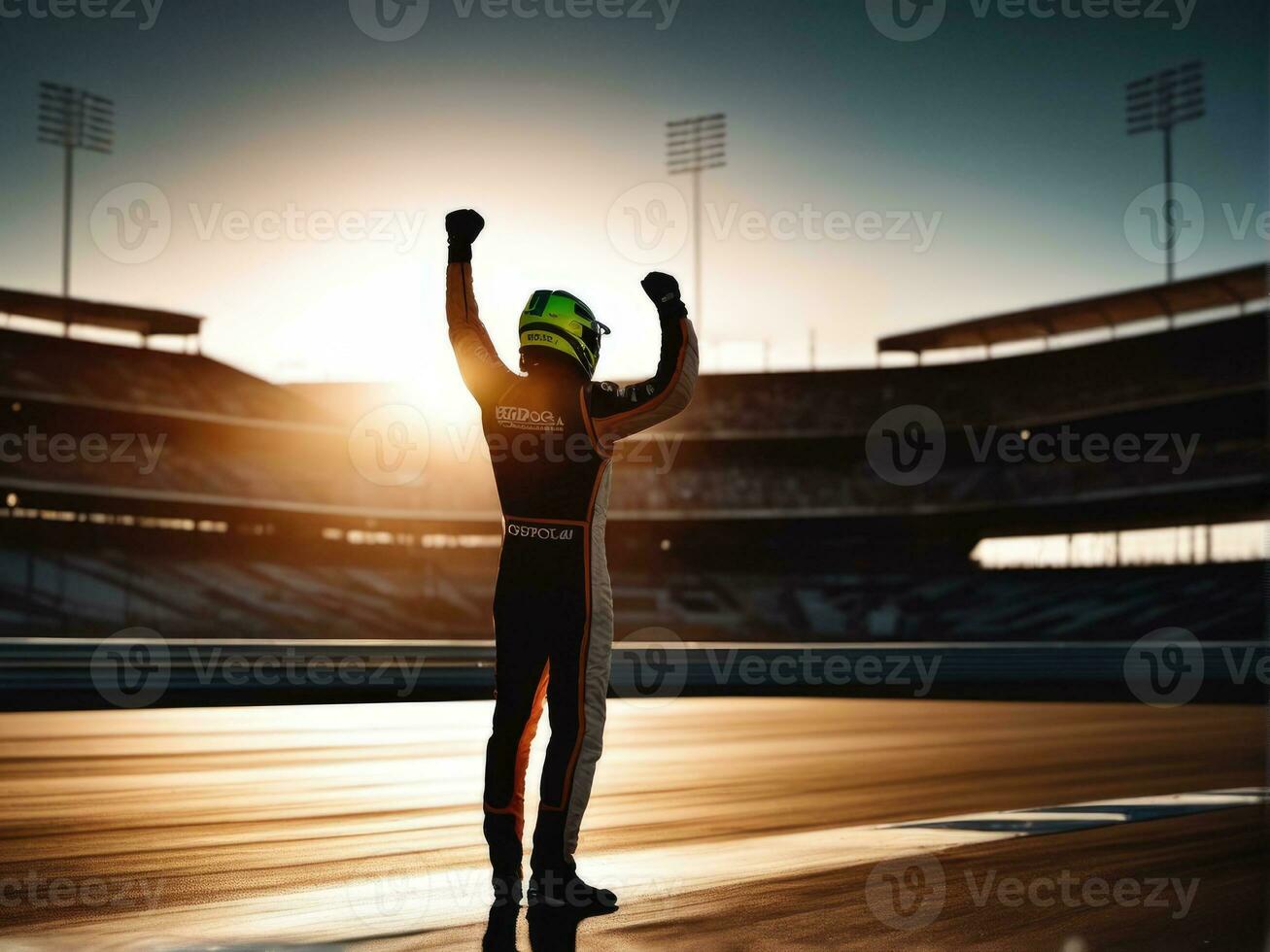 carrera coche conductor celebrando el ganar en un carrera en contra brillante estadio luces ai generado foto