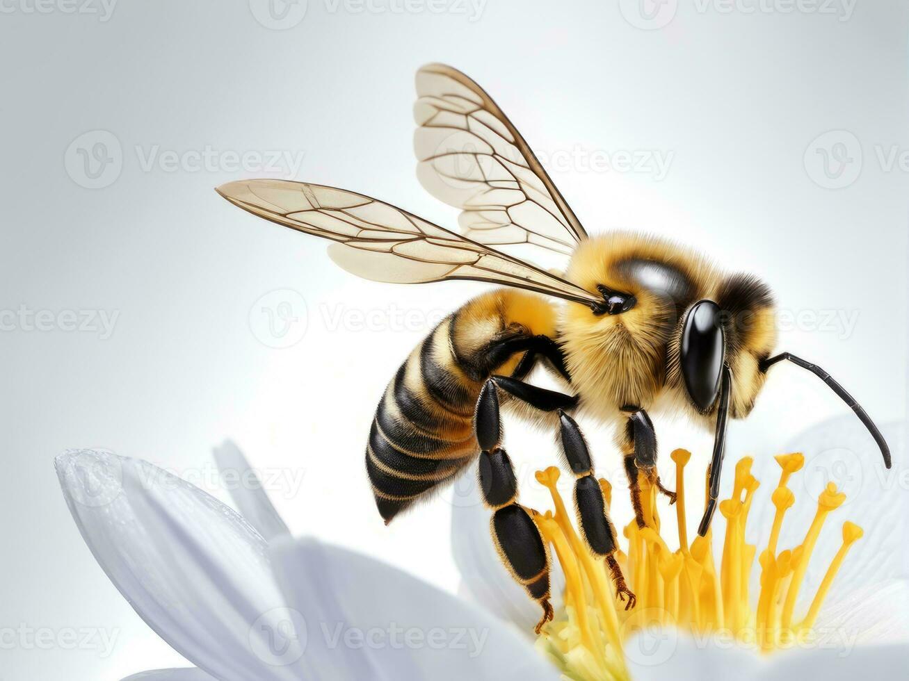 Flying honey bee collecting pollen at flower. AI Generated photo