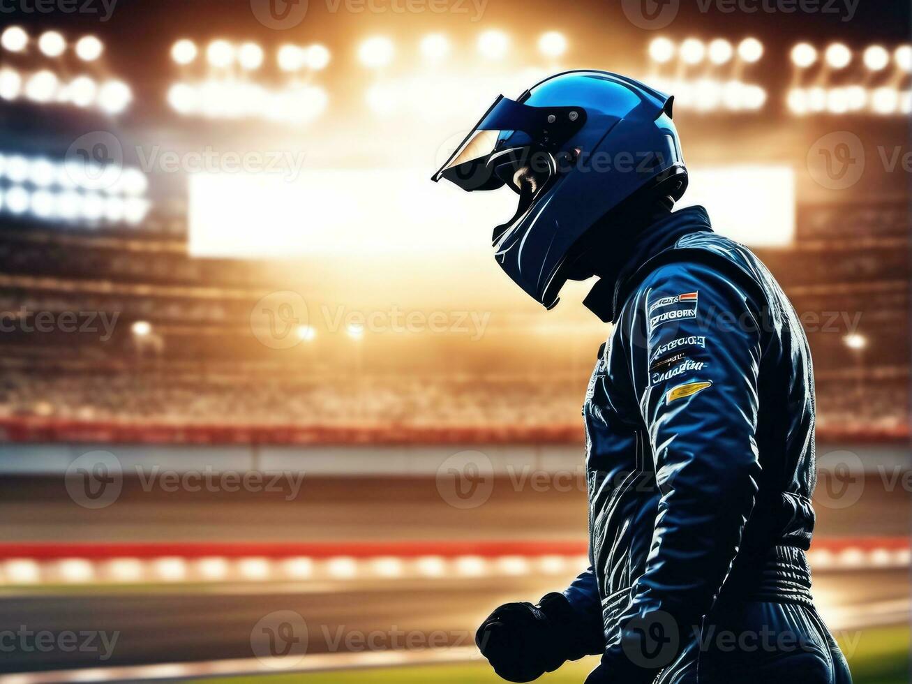 race car driver celebrating the win in a race against bright stadium lights AI Generated photo