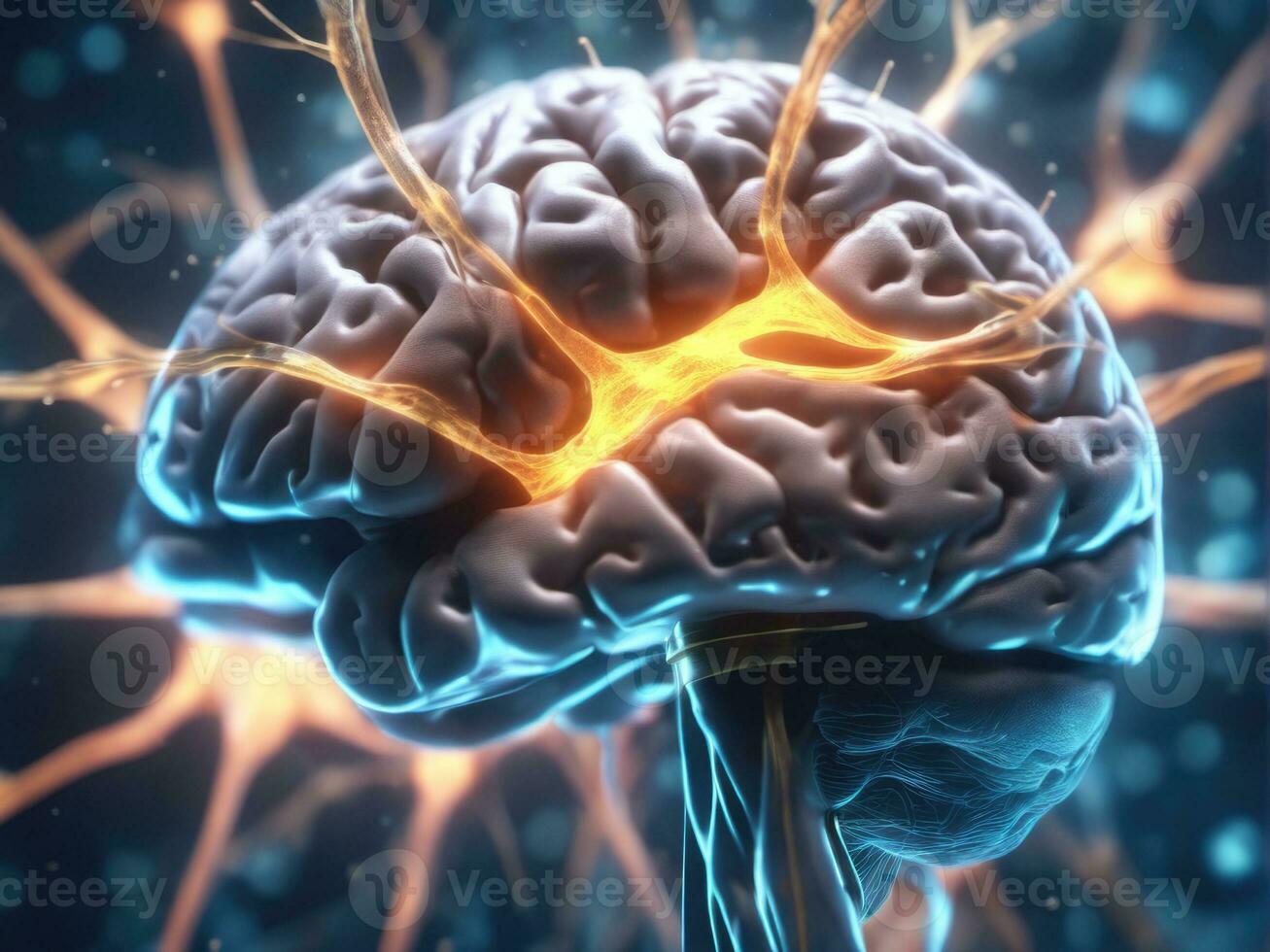 Brain showing neurons firing and neural extensions AI Generated photo
