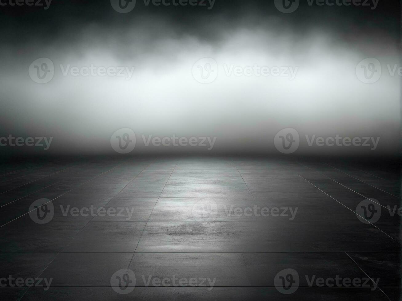 Dark room or stage with concrete floor background for product placement. Panoramic view of the abstract fog. AI Generated photo