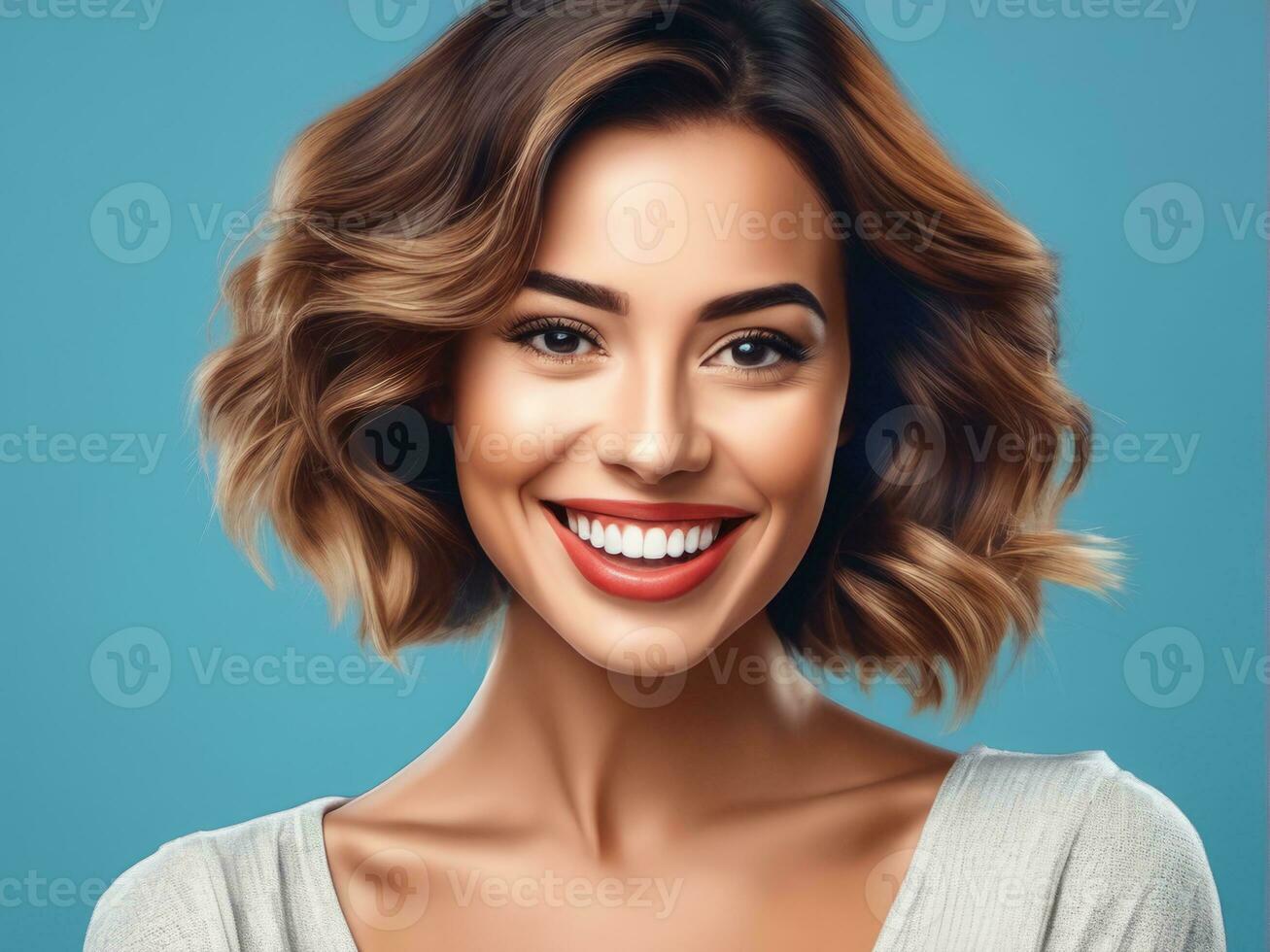 Surprised happy beautiful woman. Isolated on blue background AI Generated photo