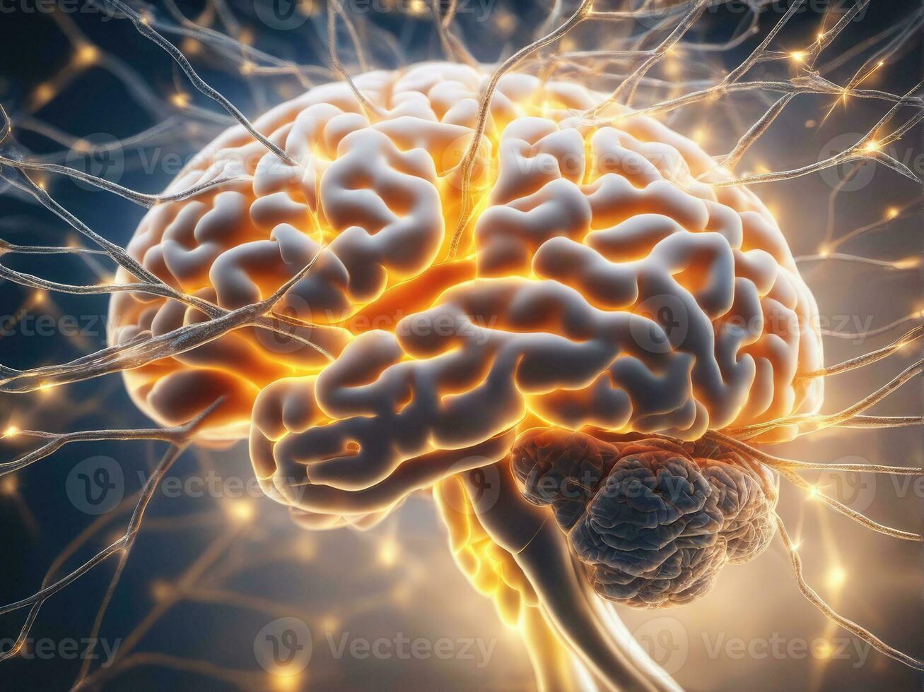 Brain showing neurons firing and neural extensions AI Generated photo