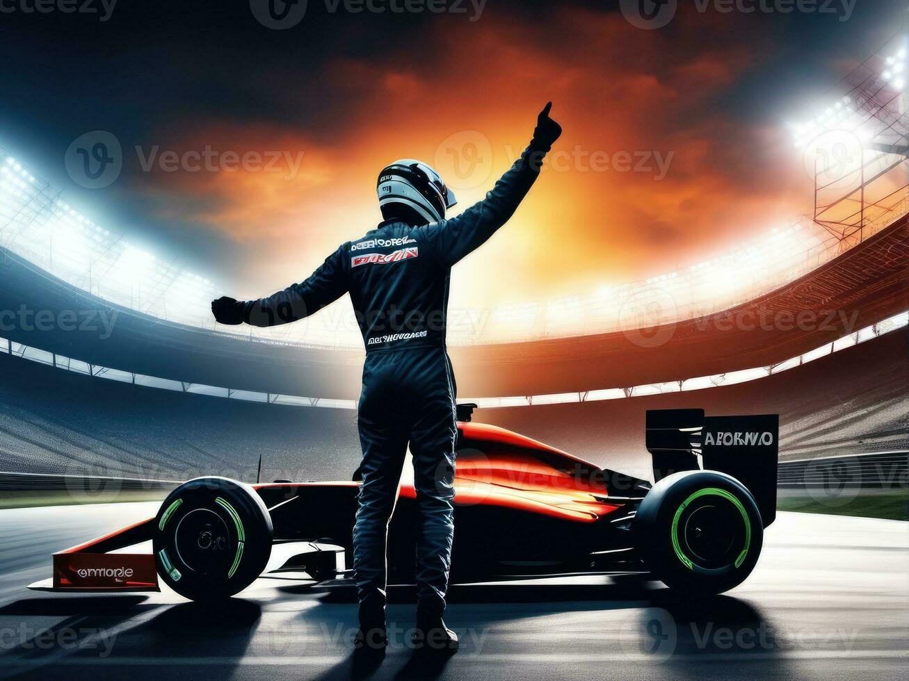 race car driver celebrating the win in a race against bright stadium lights AI Generated photo