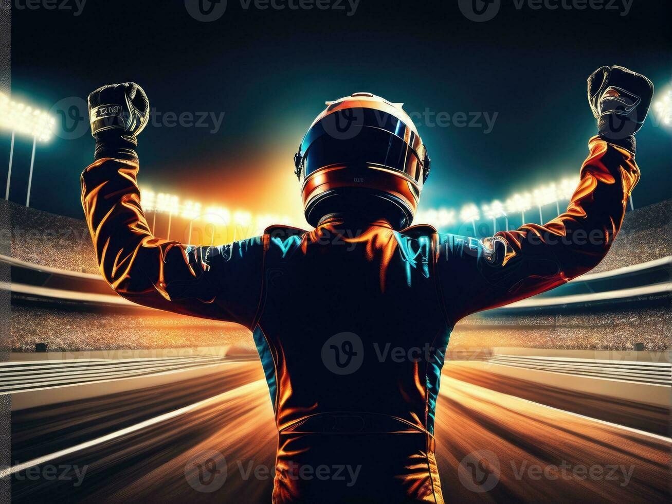 race car driver celebrating the win in a race against bright stadium lights AI Generated photo