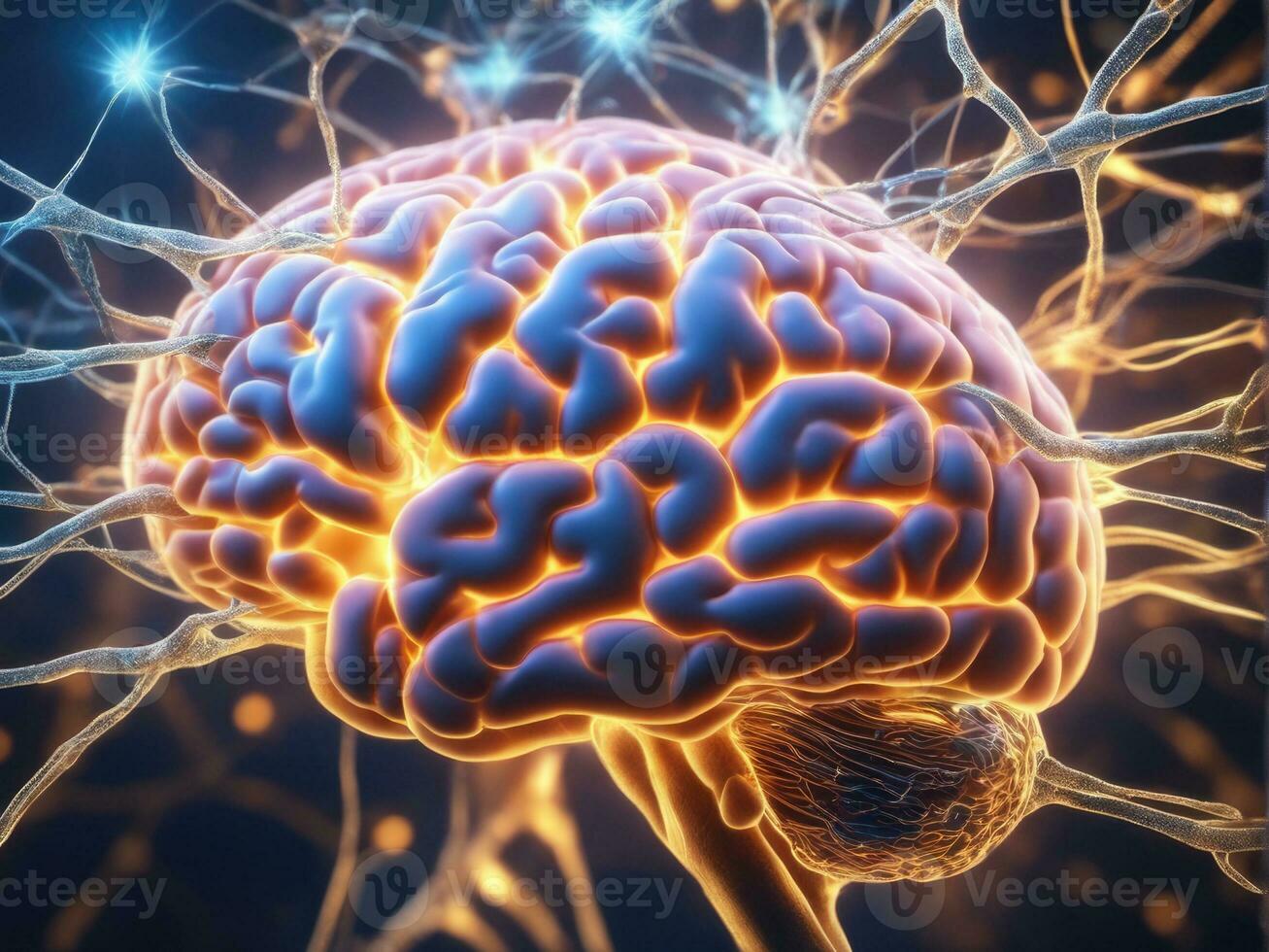 Brain showing neurons firing and neural extensions AI Generated photo