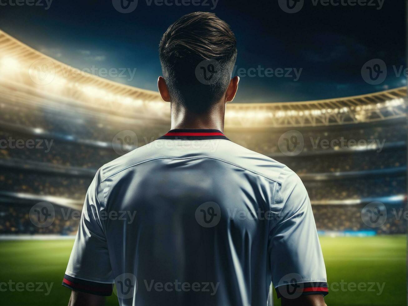 Soccer player wearing in uniform on backdrop lstadium AI Generated photo