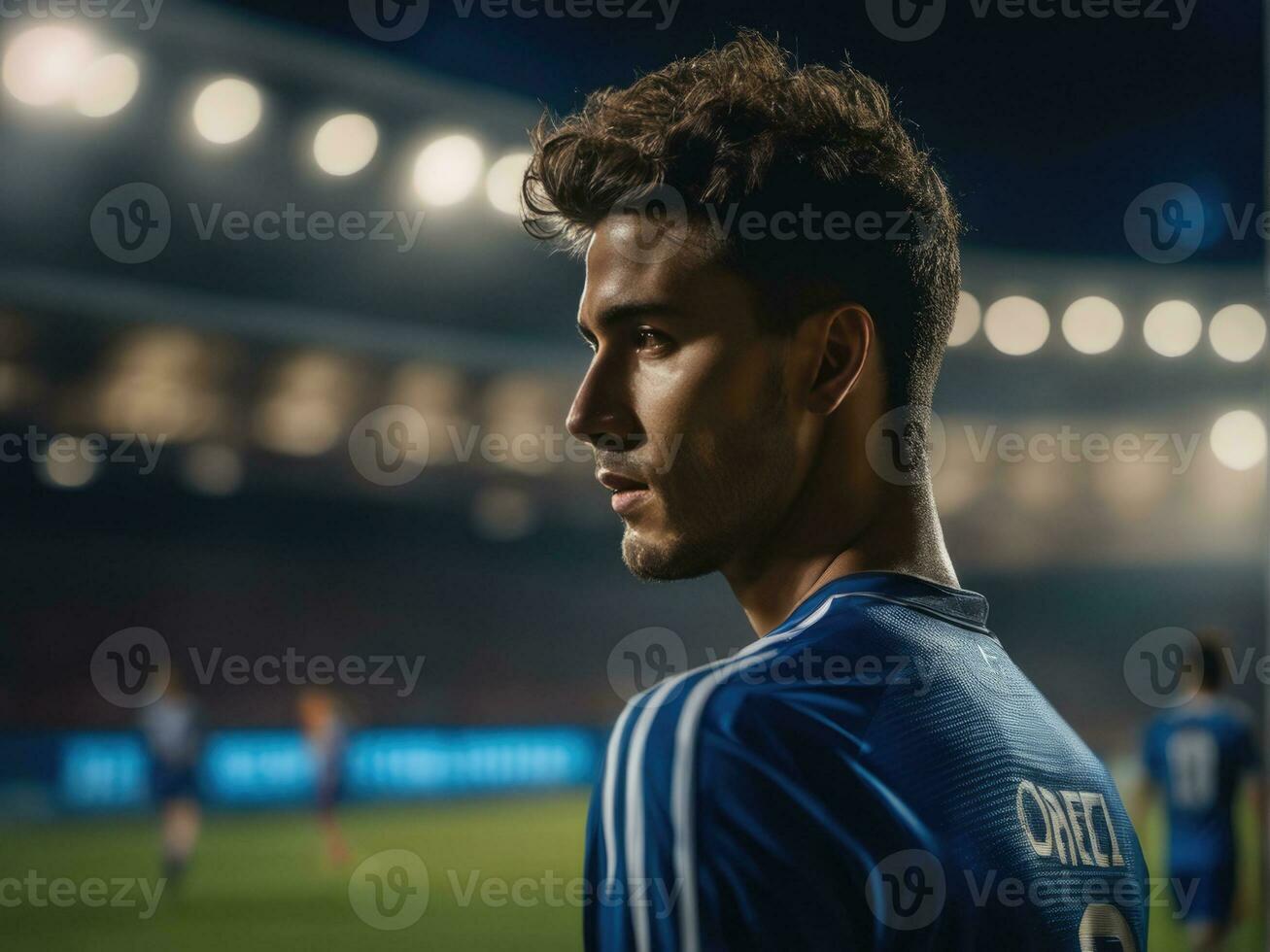 Soccer player wearing in uniform on backdrop lstadium AI Generated photo