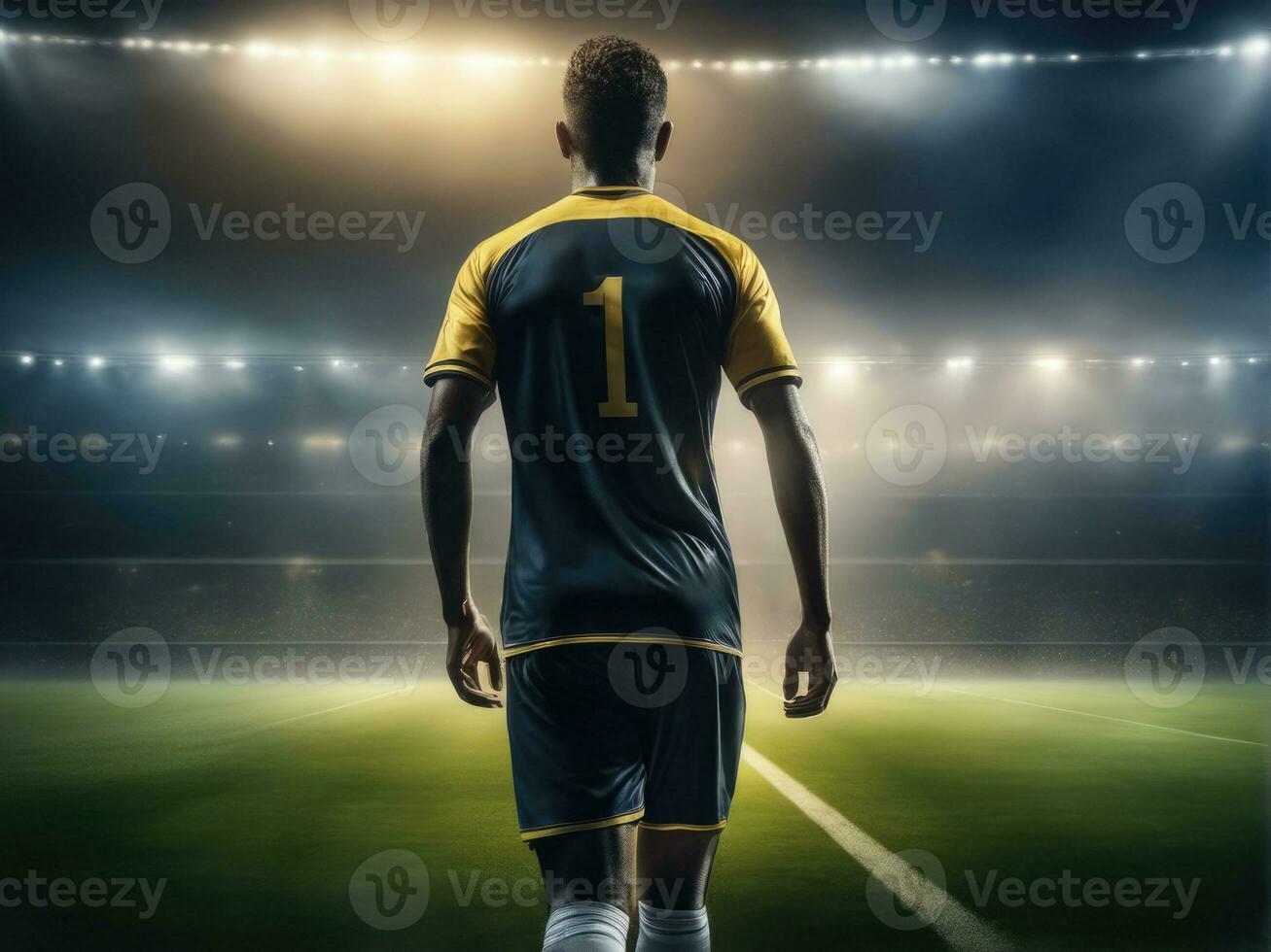 Soccer player wearing in uniform on backdrop lstadium AI Generated photo
