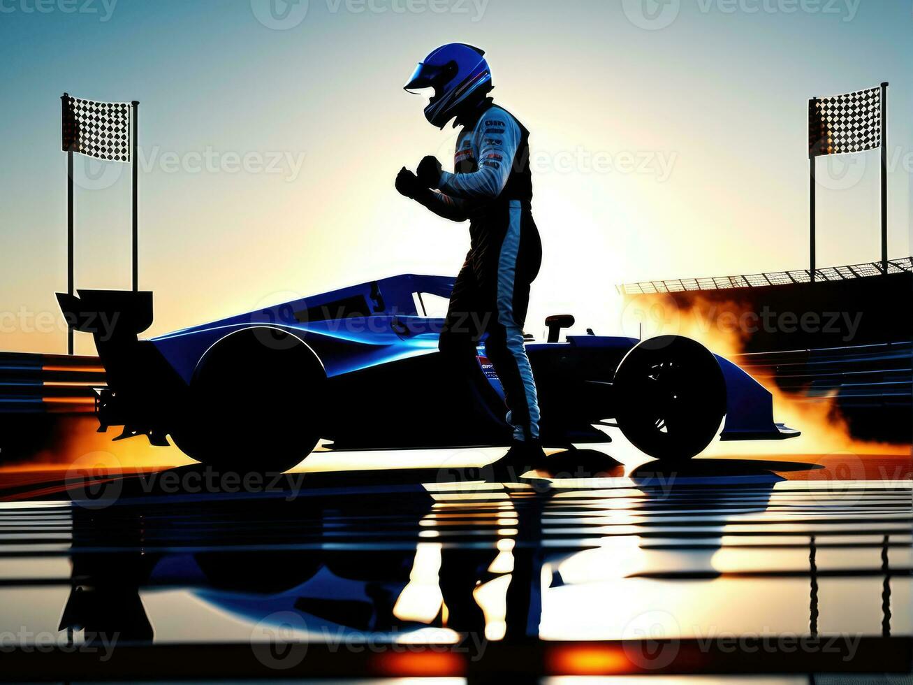 race car driver celebrating the win in a race against bright stadium lights AI Generated photo