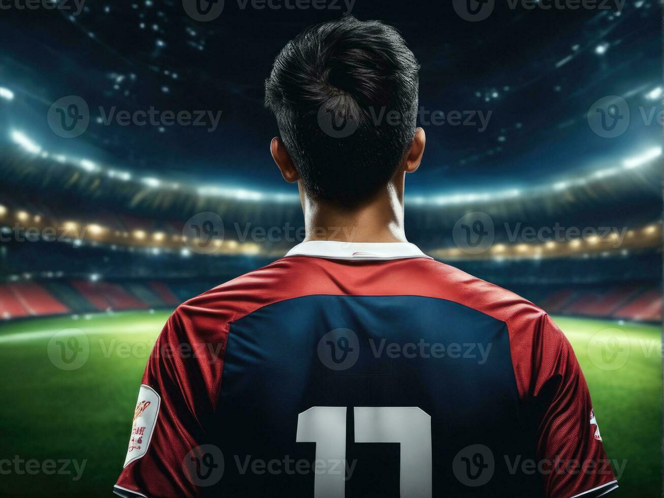 Soccer player wearing in uniform on backdrop lstadium AI Generated photo