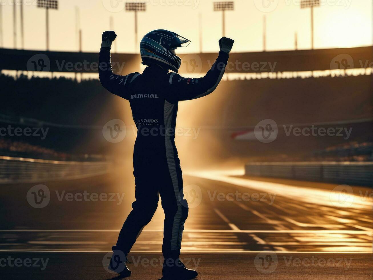 race car driver celebrating the win in a race against bright stadium lights AI Generated photo