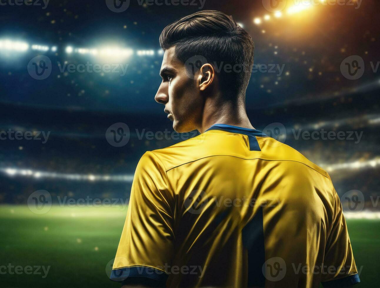 Soccer player wearing in uniform on backdrop lstadium AI Generated photo