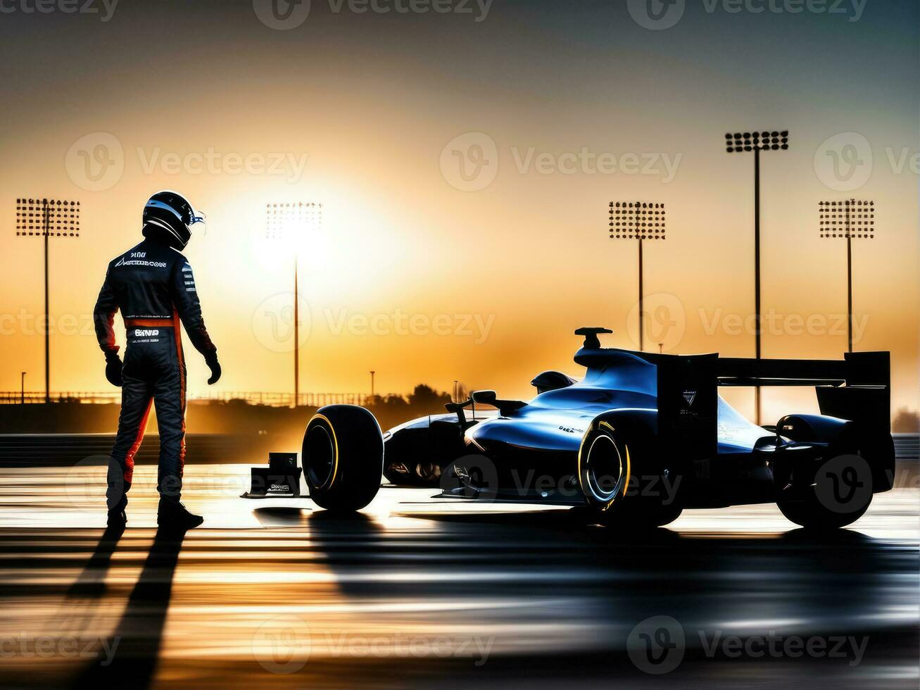 race car driver celebrating the win in a race against bright stadium lights AI Generated photo