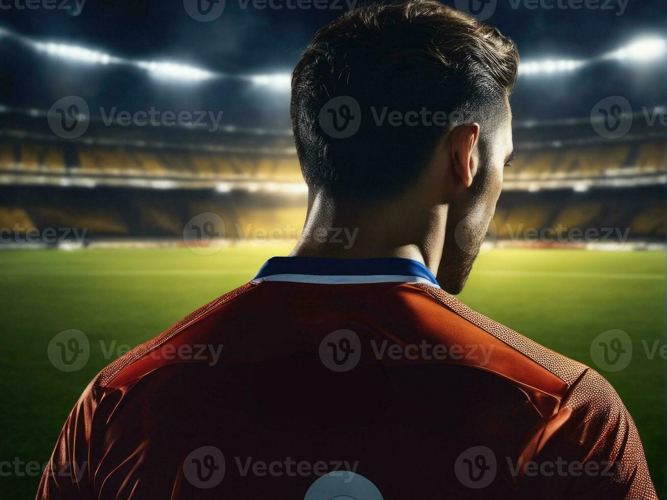 Soccer player wearing in uniform on backdrop lstadium AI Generated photo