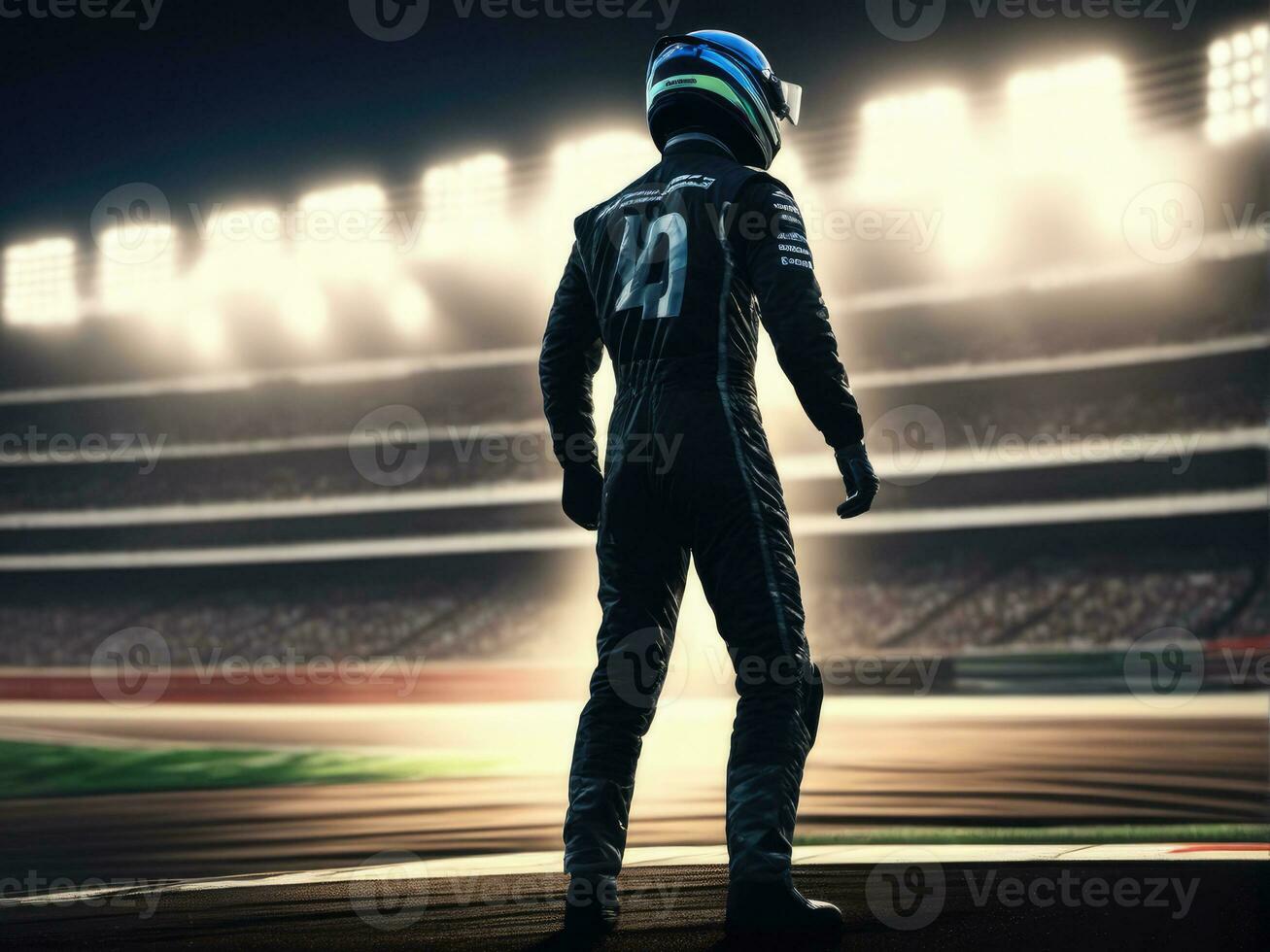 race car driver celebrating the win in a race against bright stadium lights AI Generated photo