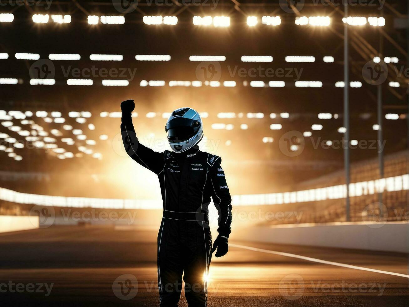 race car driver celebrating the win in a race against bright stadium lights AI Generated photo